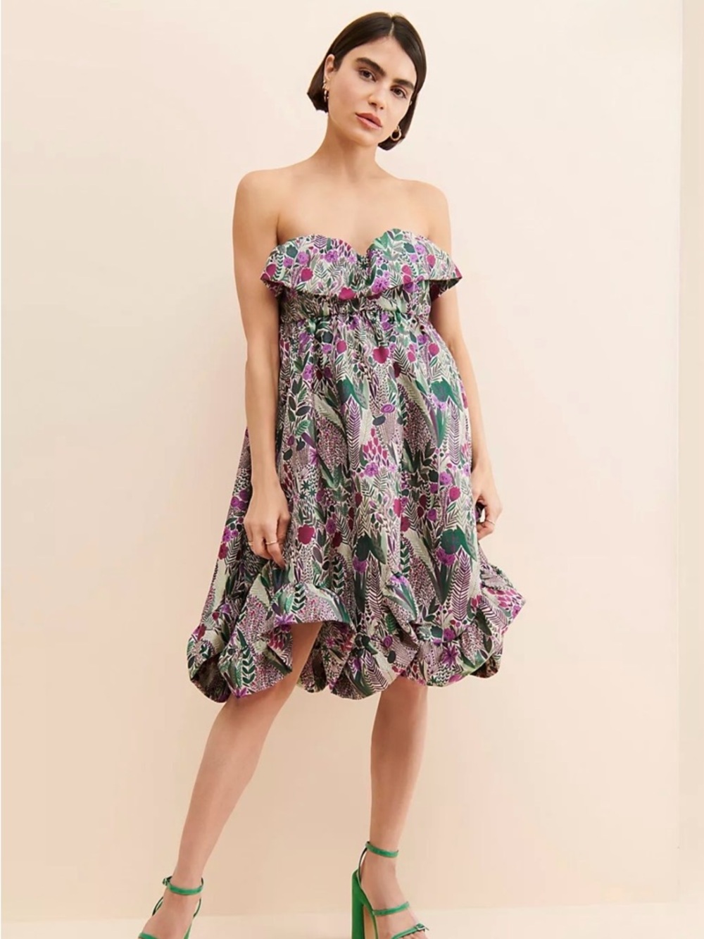 Floral Ruffle Dress in Purple and Green Anna Sui Floral Jacquard Strapless Dress